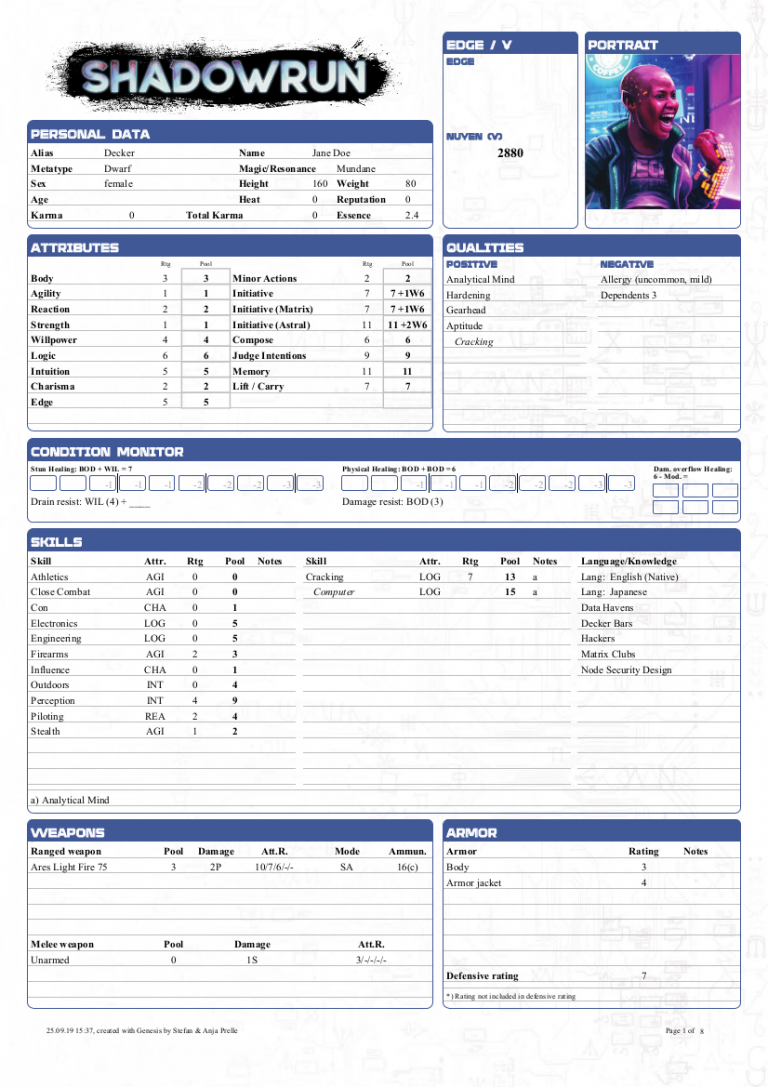 roll20 shadowrun 5th edition character sheet differences